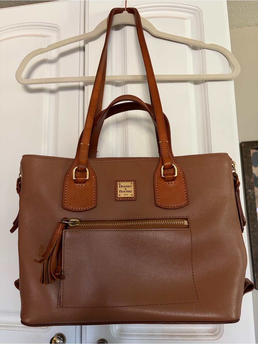 Dooney & Bourke Tan/Brown Leather Tote with Tassel Zip Pocket